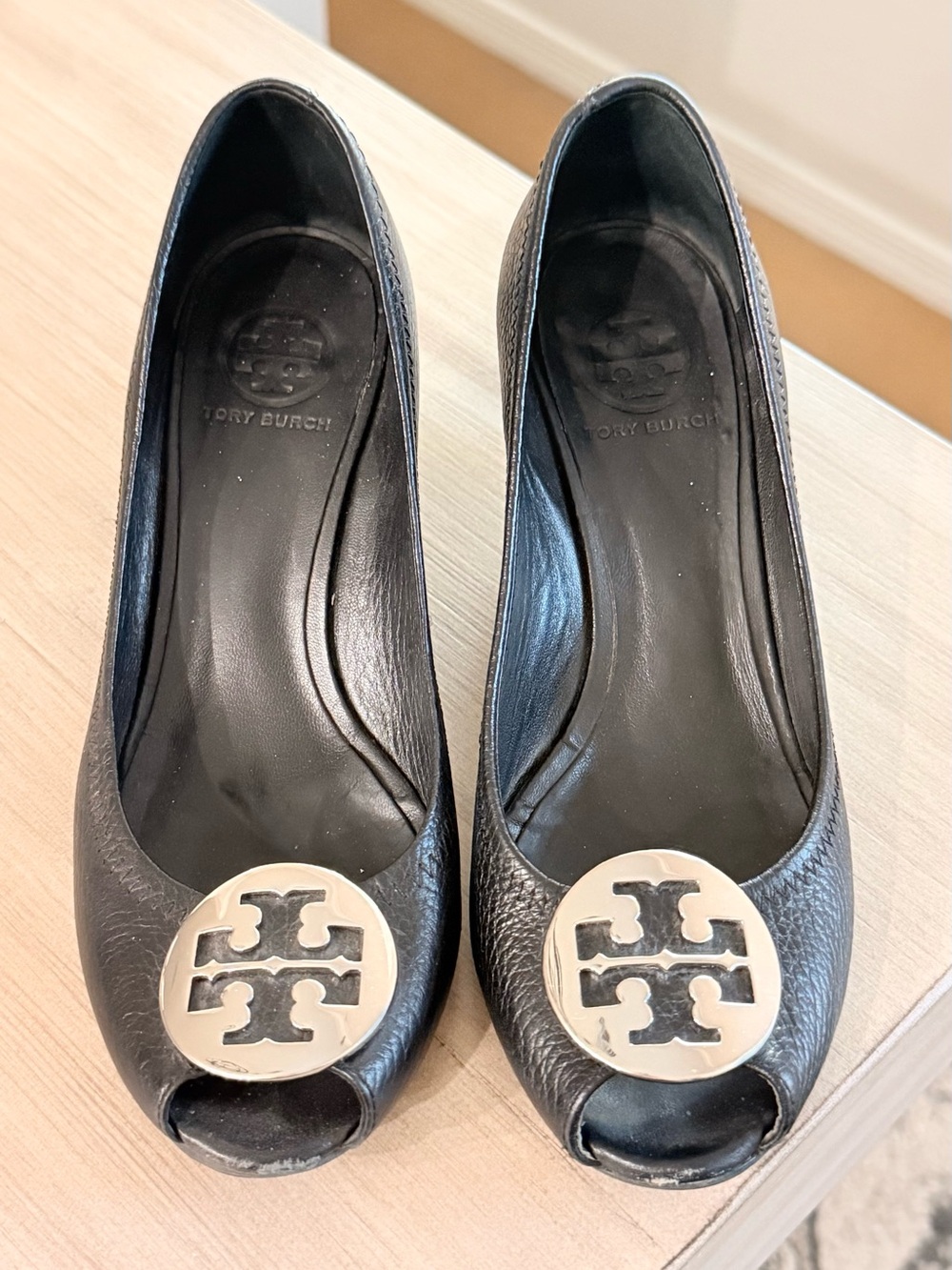 Tory Burch Black Leather Peep-Toe Wedges Project / Cobbler Special